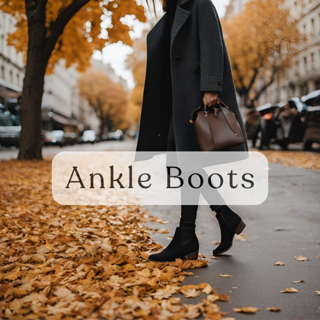 Classic black ankle boots styled with skinny jeans and a long coat, completing a sleek and functional fall outfit.