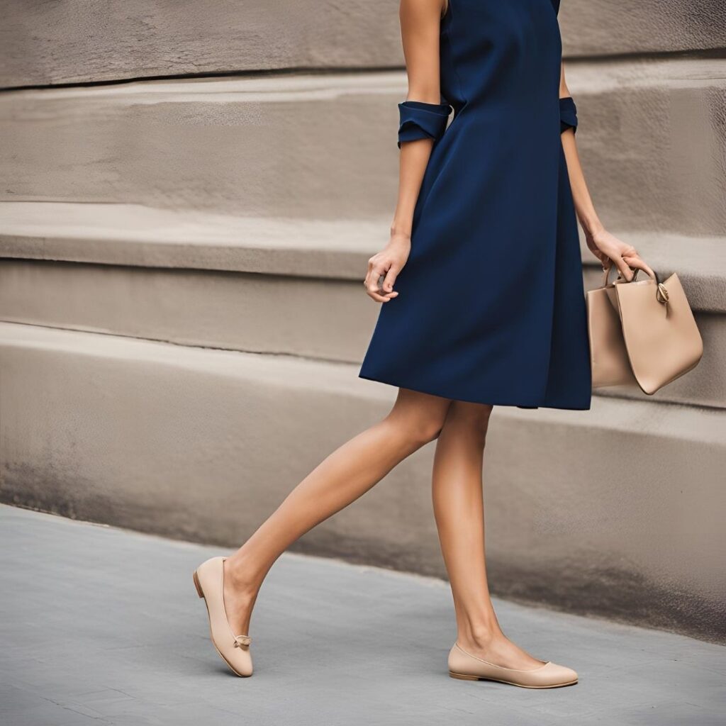 Beige flats styled with a navy dress, perfect for a comfortable and casual yet polished look.