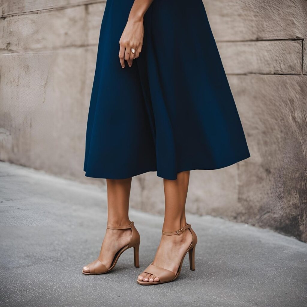 A pair of nude heels paired with a navy dress, offering a timeless, elegant look for formal occasions.
