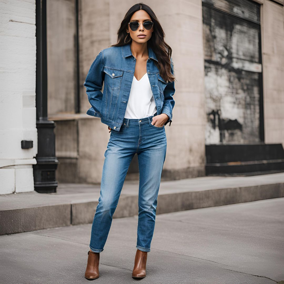 A double denim outfit with a jean jacket and jeans, styled with ankle boots, offering a trendy and modern take on the denim-on-denim look.