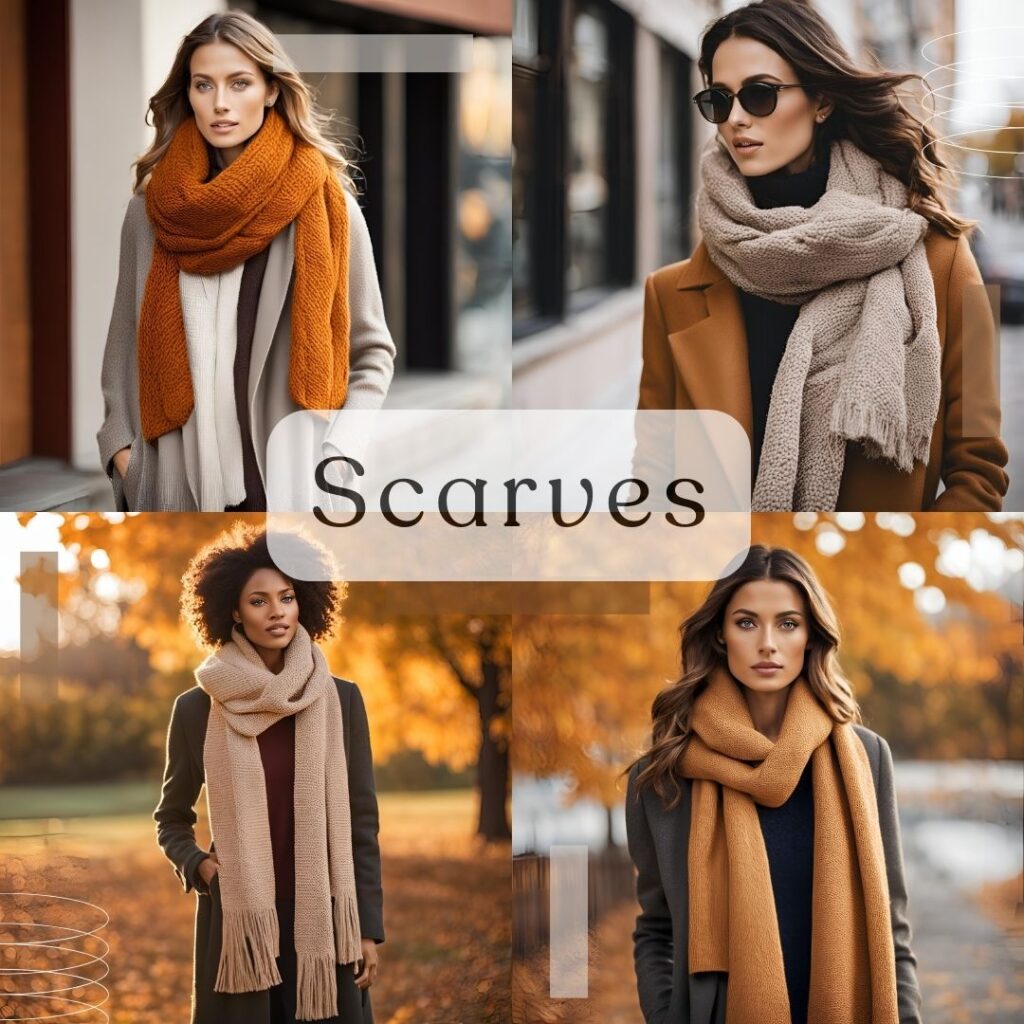 A cozy wool scarf draped over a knit sweater and coat, adding texture and warmth to a chic fall outfit.