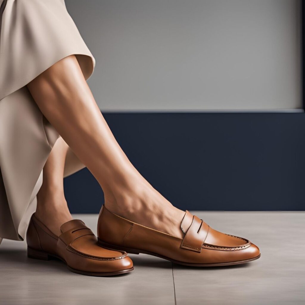 Tan loafers worn with a navy dress, creating a sophisticated and versatile outfit for both work and casual settings.