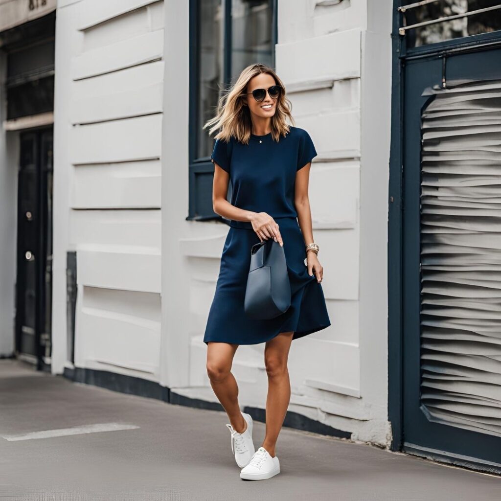 White sneakers paired with a casual navy dress, providing a trendy and relaxed vibe for daytime wear.