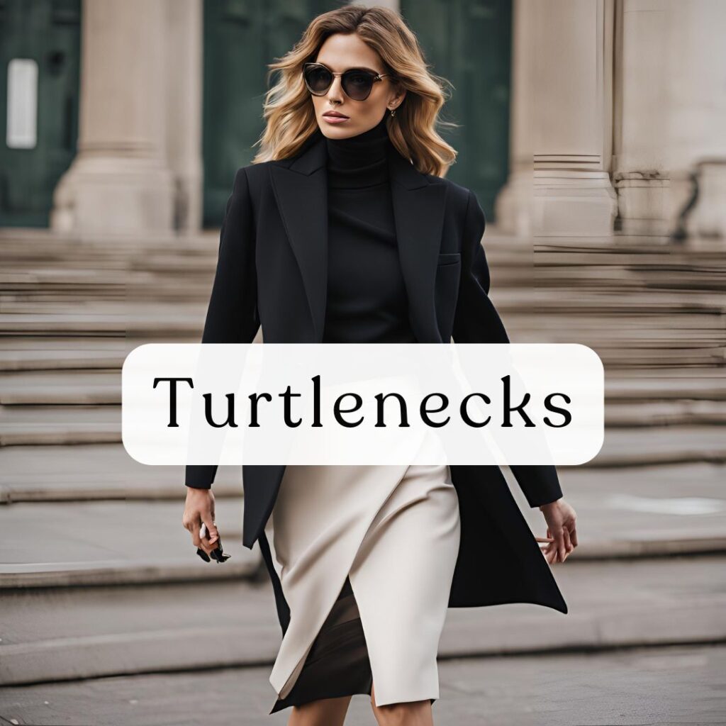 A stylish black turtleneck layered under a tailored blazer and midi skirt, perfect for a sleek, fall-ready layered look.