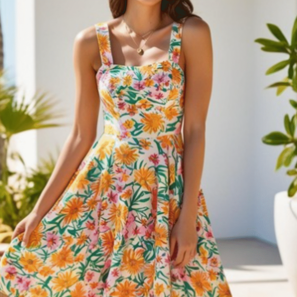 Woman wearing a sleeveless A-line dress with wide straps and a colorful floral print in yellow, pink, and green on a white background, perfect for summer days.