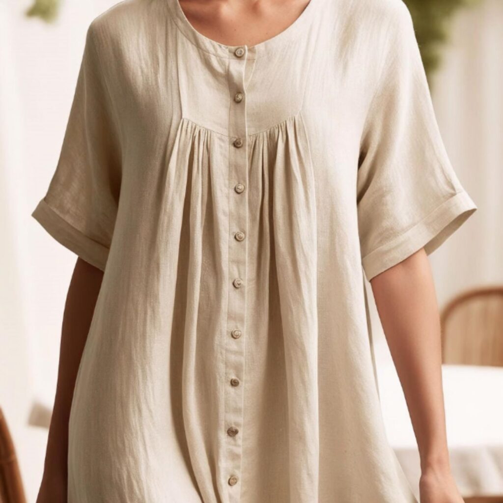 Woman wearing a loose beige linen dress with short sleeves, a round neckline, and full button-down front. The dress has pleated detailing for a soft, airy look.