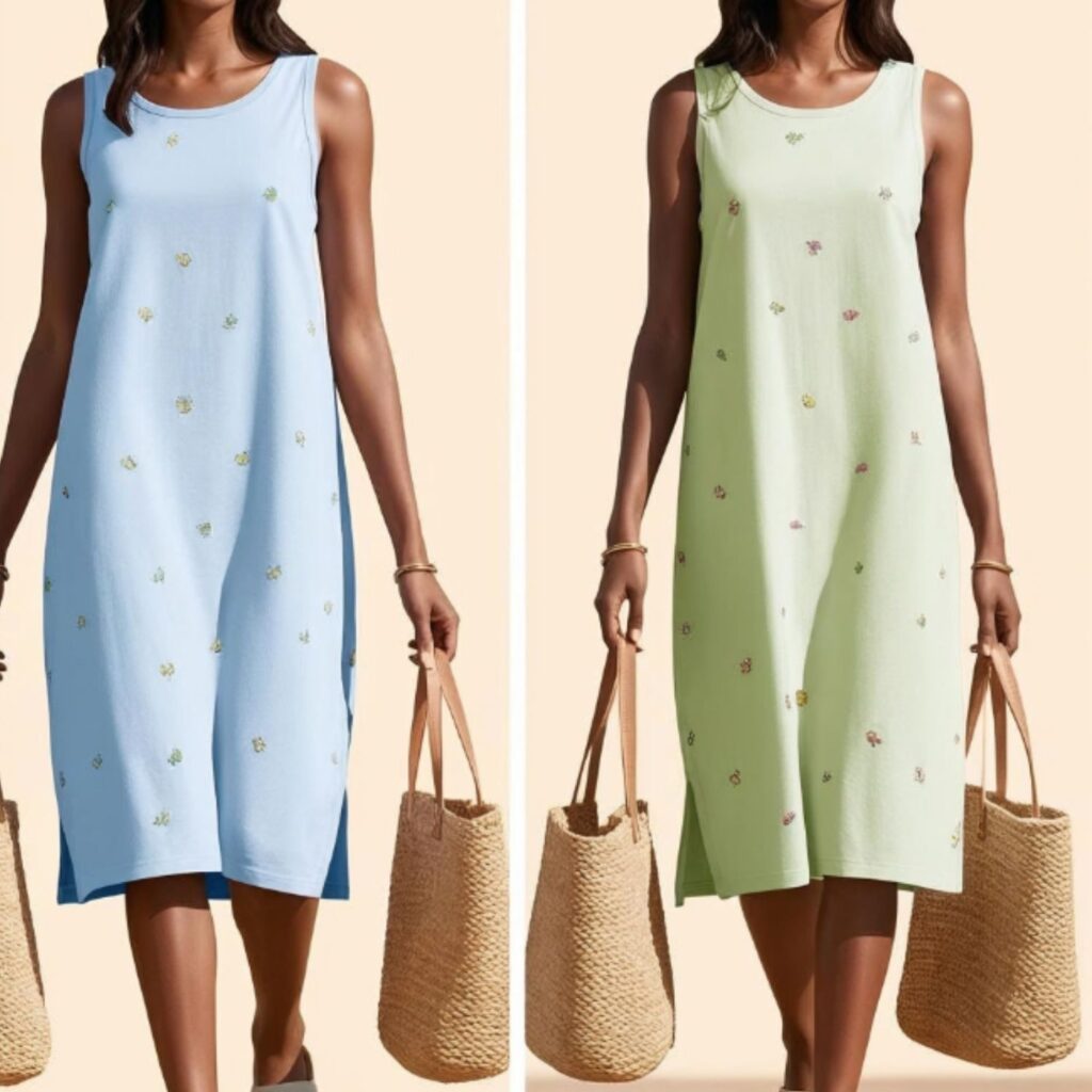 Two women wearing sleeveless shift dresses with small embroidered flowers, one in pastel blue and the other in light green, styled with straw hats and tote bags.