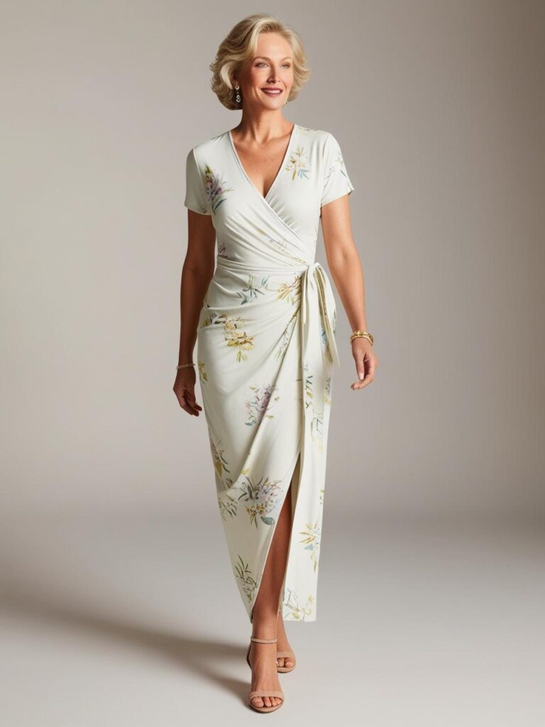 Woman wearing a light floral wrap dress with short sleeves, a V-neckline, and side-tie waist. The ankle-length dress has a soft cream base with pastel floral prints and a front slit. Paired with nude strappy heels, the outfit gives a graceful, polished look suitable for summer or spring occasions.