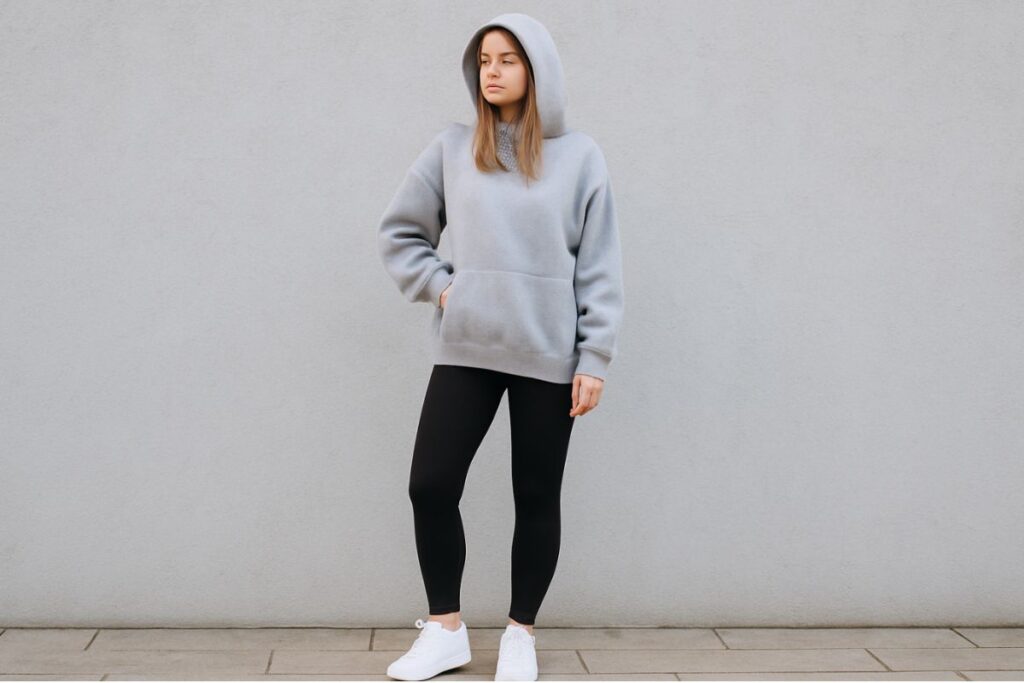 black leggings with a gray oversized hoodie and white sneakers