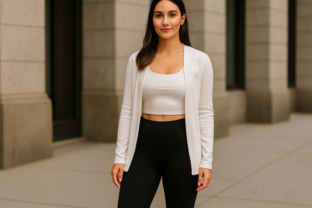 black flared yoga pants with white crop top and cardigan