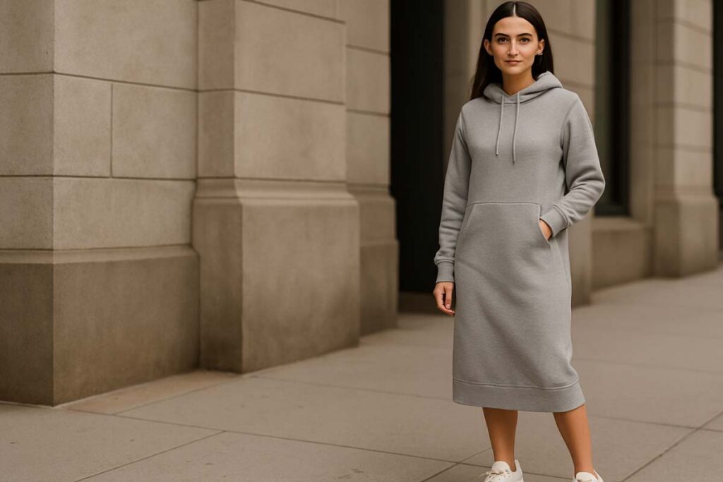 gray hoodie dress with white chunky sneakers
