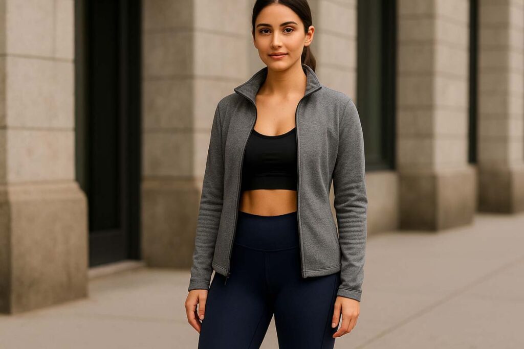 leggings and black sports bra with gray zip-up jacket