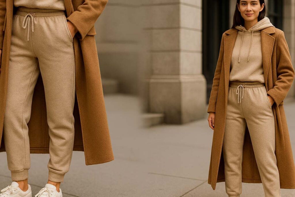 beige matching athleisure set with long camel coat