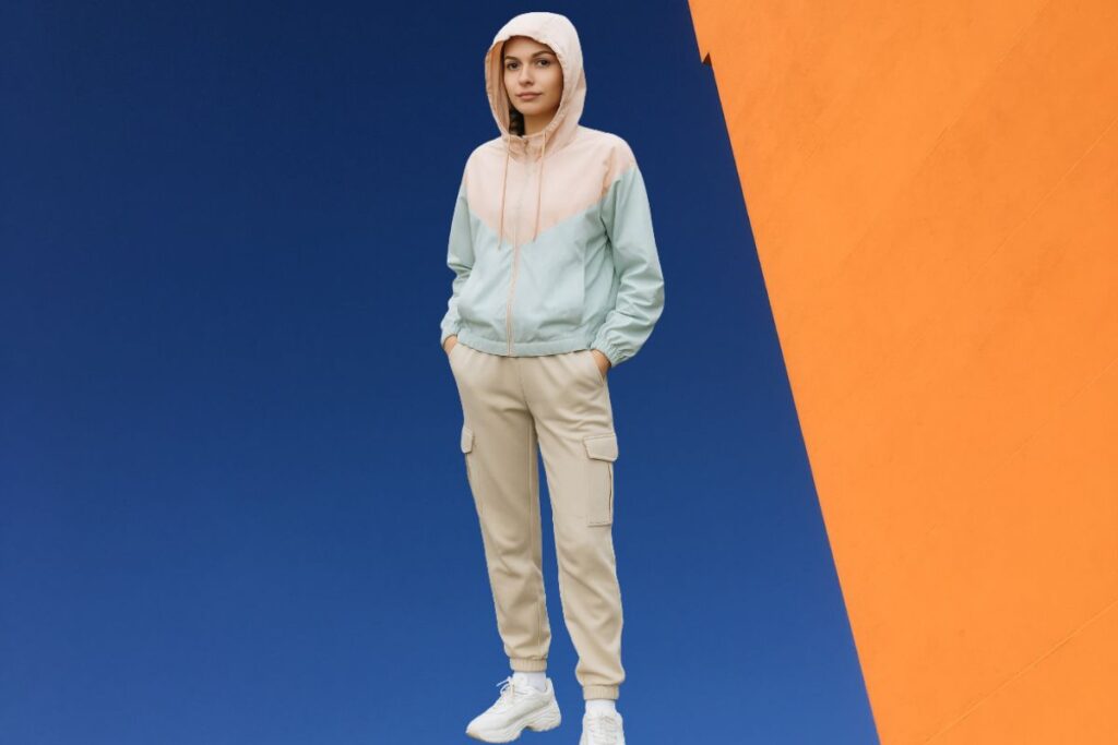 lightweight pastel windbreaker with beige cargo joggers and chunky white sneakers styled for a casual rainy day athleisure outfit with hood up