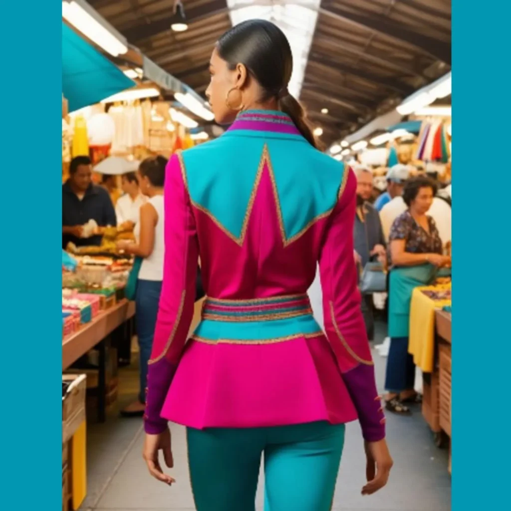 Woman in a bold magenta and teal fashion outfit with star detail walking through a lively market, highlighting vibrant Amazon fashion finds for women.