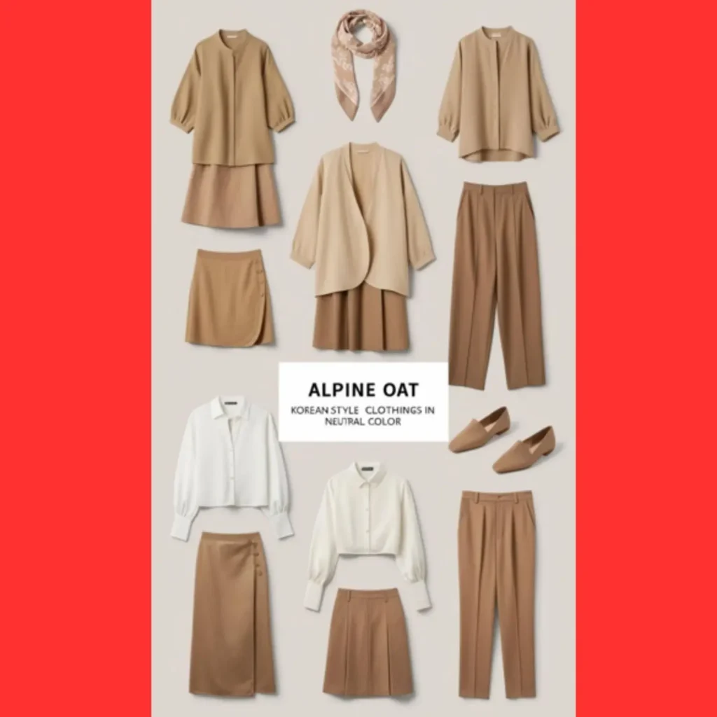 A selection of Korean style outfit pieces in Alpine Oat, showcasing how this neutral color can be mixed and matched to create various looks.