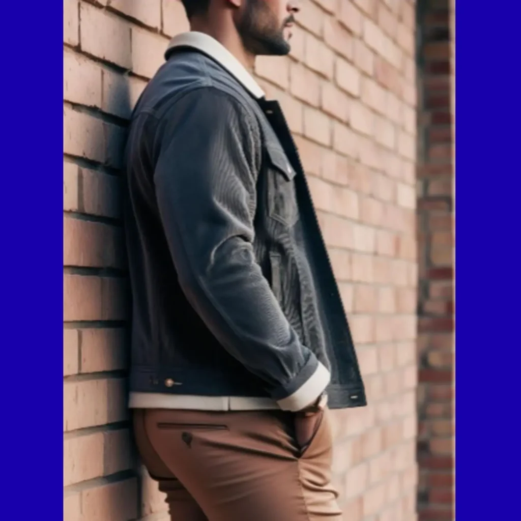 Man leaning against a brick wall wearing a corduroy jacket and slim-fit chinos, highlighting casual Amazon fashion finds men choose for fall streetwear style.
