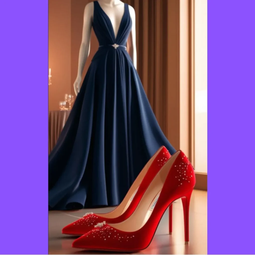 A pair of striking red shoes aesthetic heels, styled with a sophisticated evening gown, at a glamorous event.