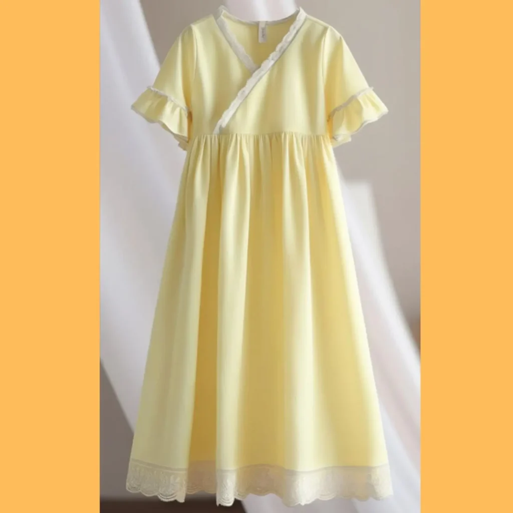 A Korean style dress elegant in a soft Butter Yellow shade, possibly with delicate details like ruffles or lace.