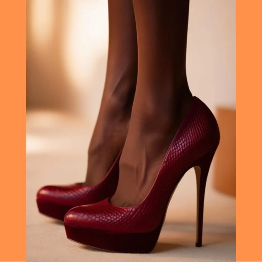 Shoes aesthetic pic showing textured burgundy high heels worn with sheer tights, creating a bold and elegant look perfect for evening outfits or formal styling.