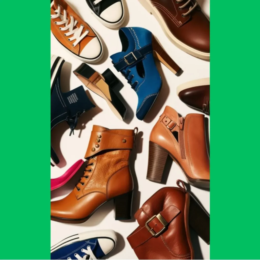 A visually appealing flat lay of various shoes, focusing on their textures, colors, and shapes. Include different types like sneakers, heels, and boots.
