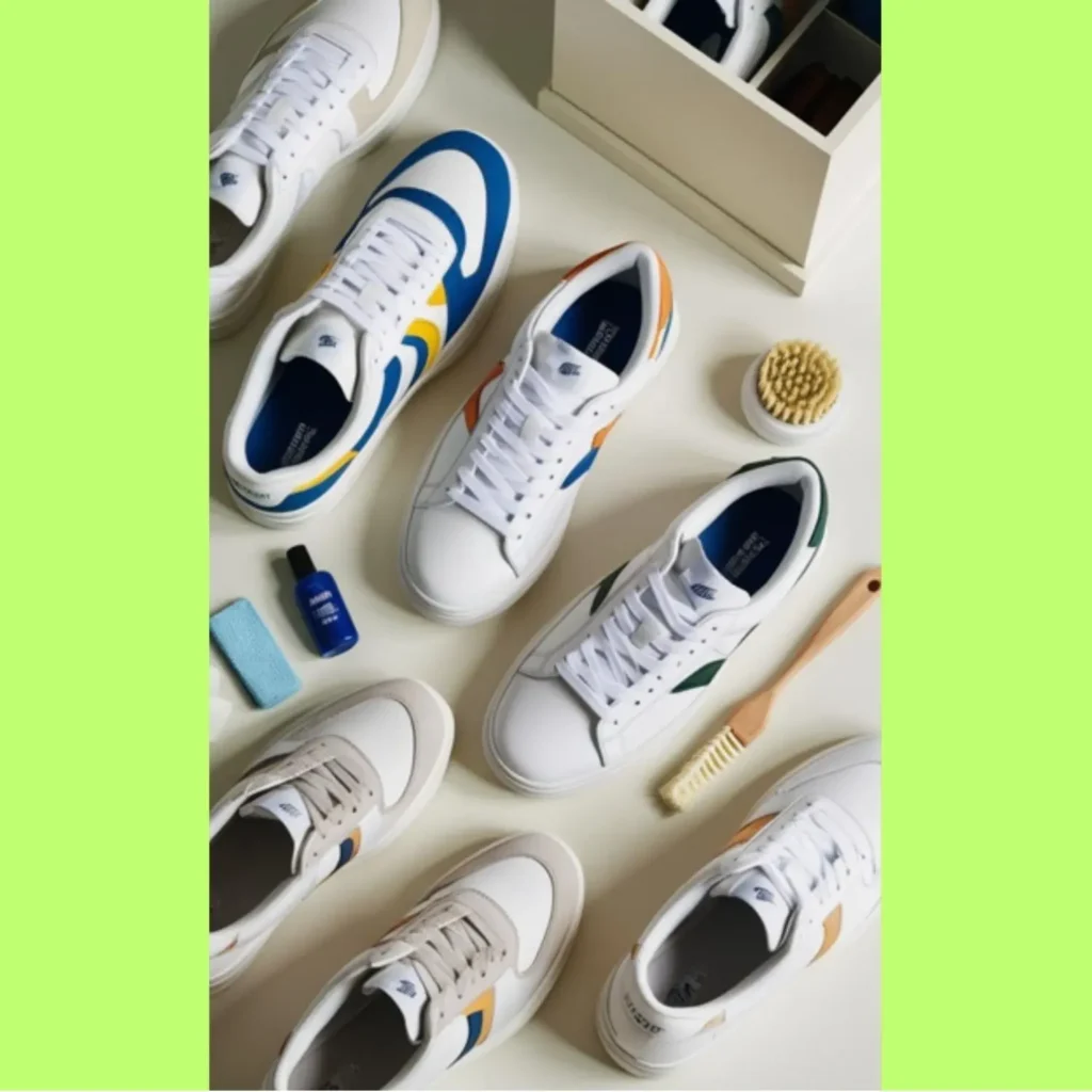 Shoes aesthetic sneakers arranged neatly with brushes, cleaner, and accessories showcasing sneaker care essentials for maintaining fresh, clean, and stylish footwear.