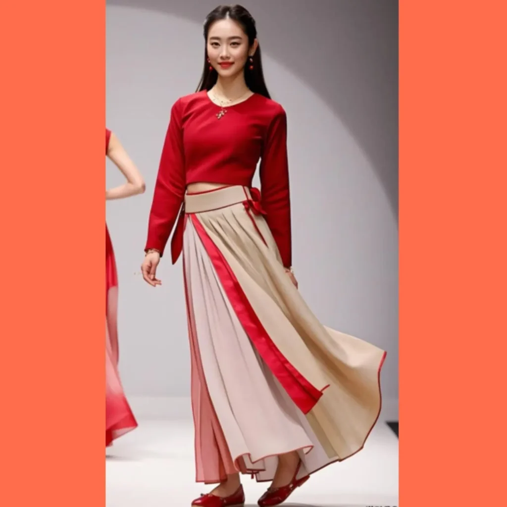A model wearing a Korean style outfit incorporating the trending Cherry Red color, perhaps in a top, skirt, or as an accent color in accessories.
