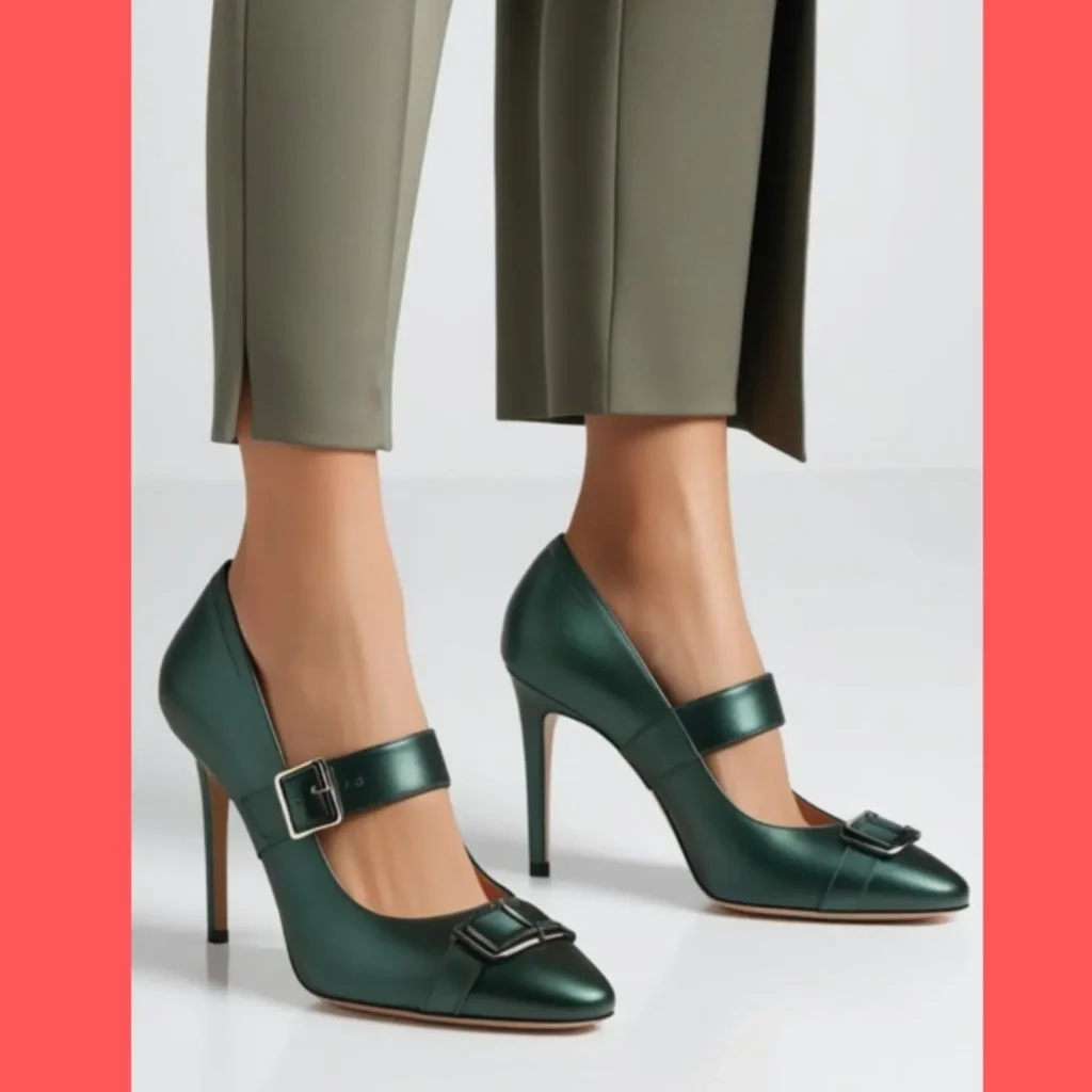 A stylish pair of green heels, perhaps in an emerald or a more muted olive tone, paired with a complementary outfit.