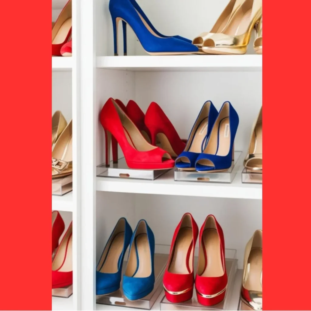 A well-organized closet showcasing a variety of shoes aesthetic heels in different colors and styles.