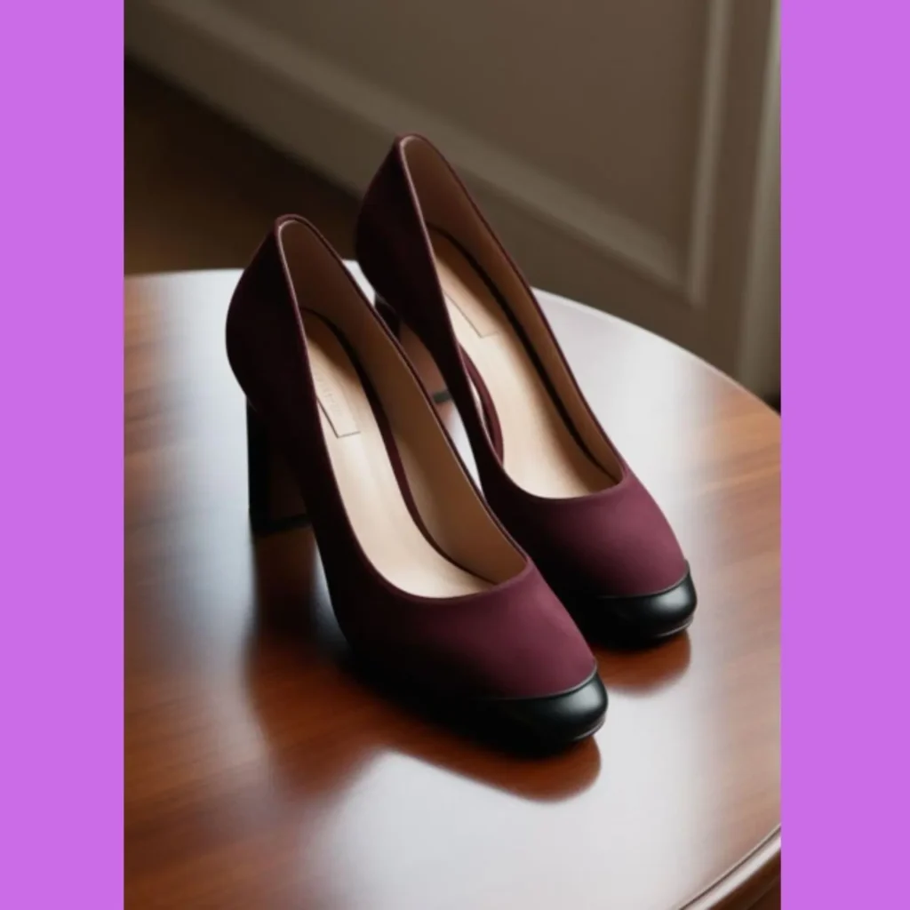A pair of elegant low heeled shoes, such as kitten heels or block heels, styled in a sophisticated way.