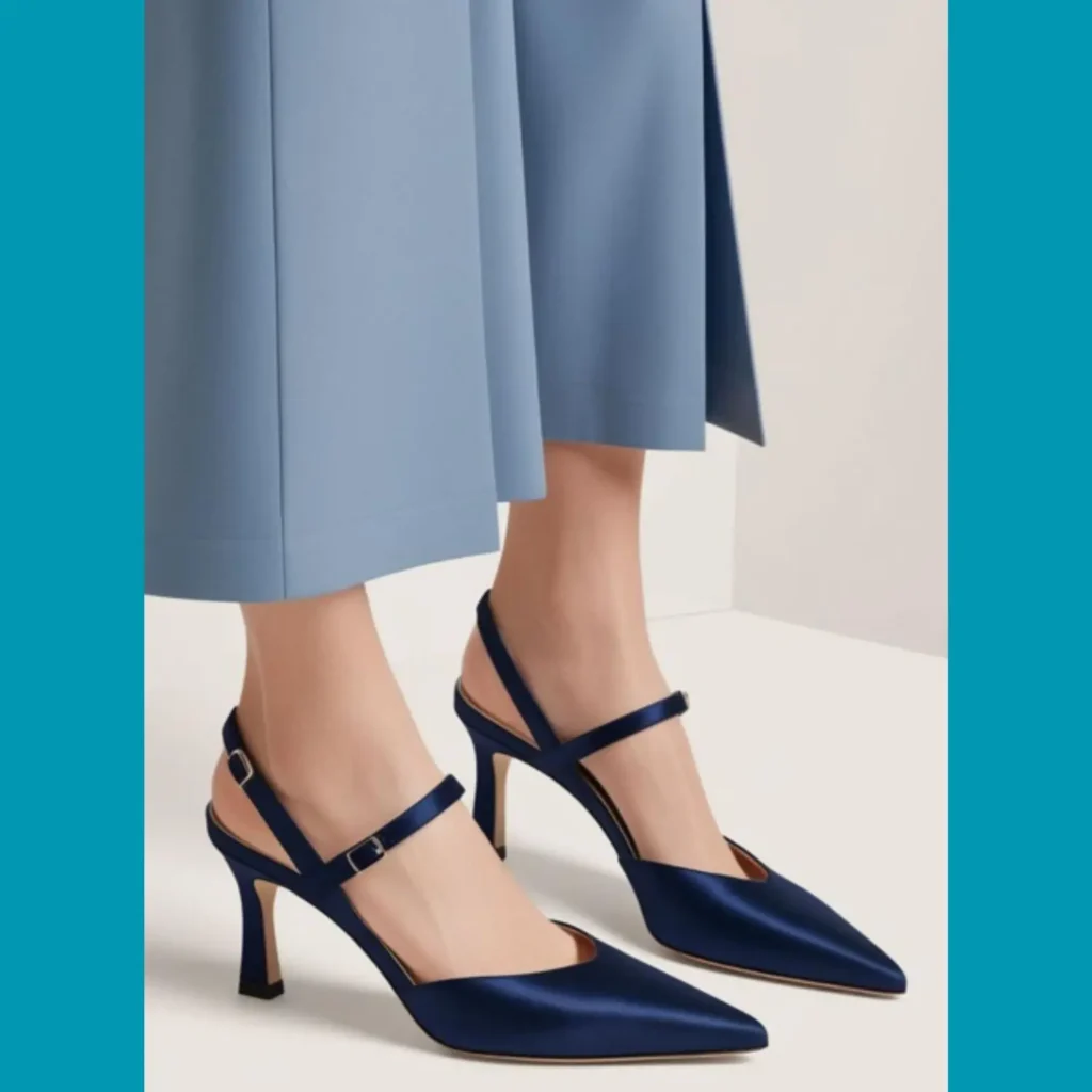 A stylish pair of blue heels, perhaps in a navy or a pastel blue shade, paired with a complementary outfit.