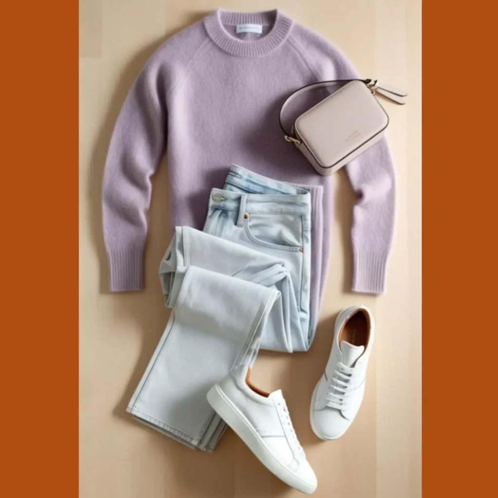 A flat lay showcasing essential Korean style fashion items like a pastel sweater, denim jeans, white sneakers, and a mini crossbody bag.