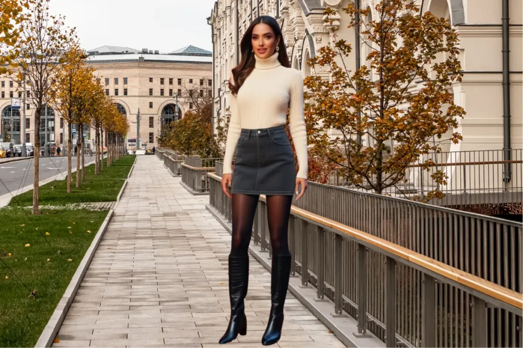 A stunning woman wearing a denim skirt with black tights, a turtleneck sweater, and knee-high boots, standing on a fall-inspired street.