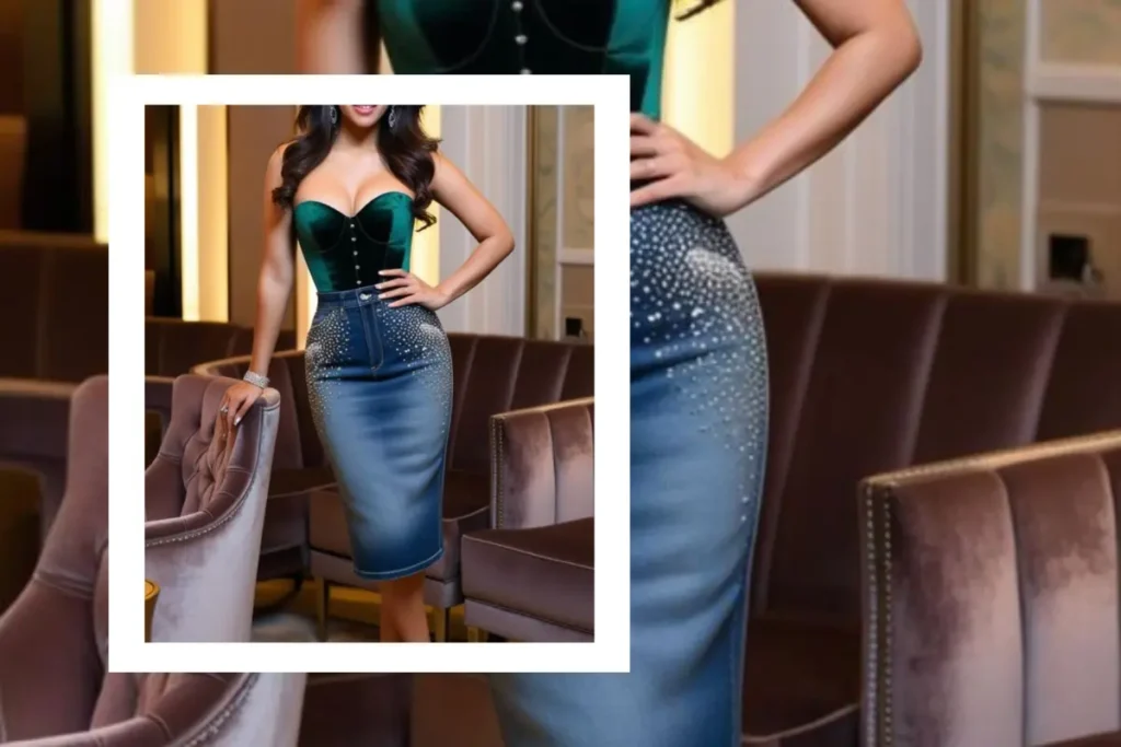 A lovely woman dressed for a party in a high-waisted denim skirt with embellishments, paired with a chic corset top and stiletto heels, standing near a stylish lounge.