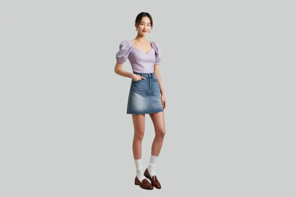 A lovely woman in a Korean-style denim skirt outfit with a puff-sleeve blouse, ankle socks, and loafers, standing against a pastel backdrop.