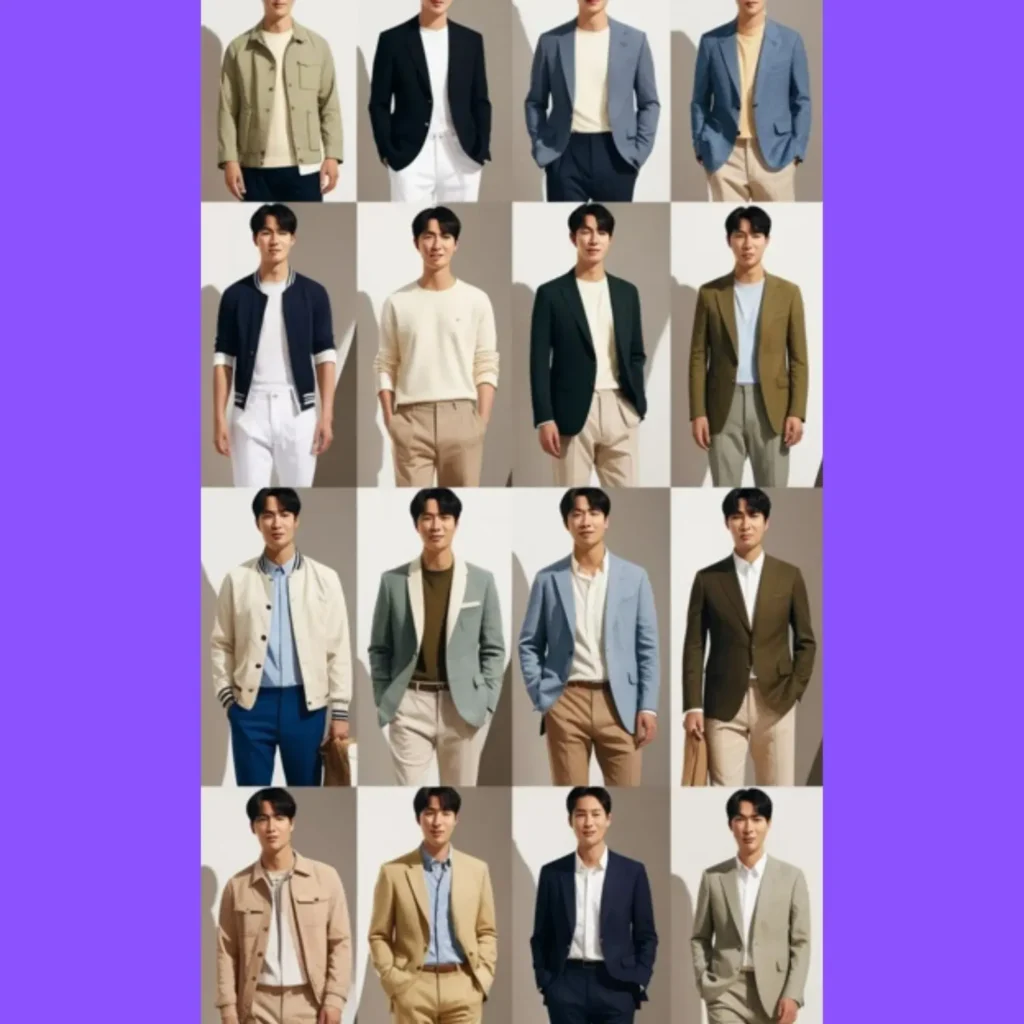 A gallery of korean style men showcasing various casual and slightly more formal outfits, highlighting clean lines and thoughtful color combinations.