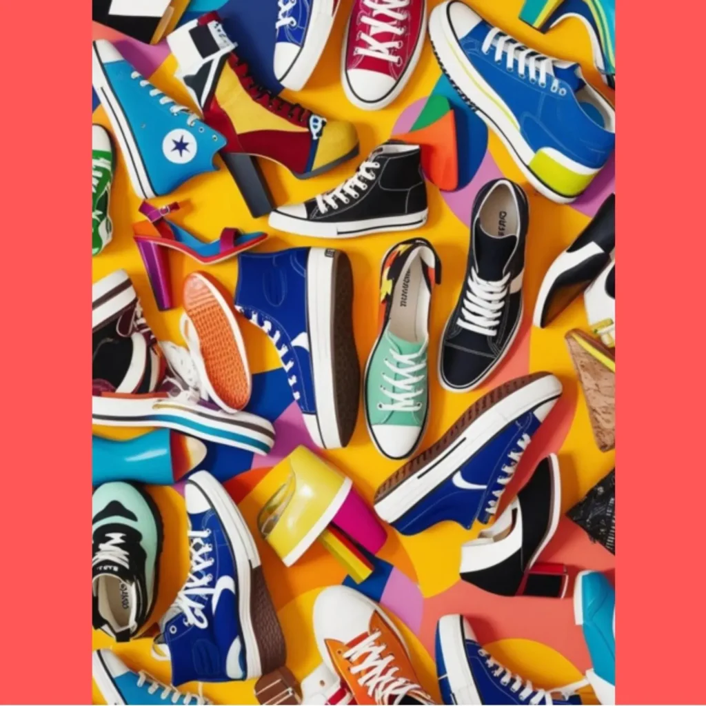 A visually appealing pattern or arrangement of different types of shoes that could be used as a wallpaper or background image.