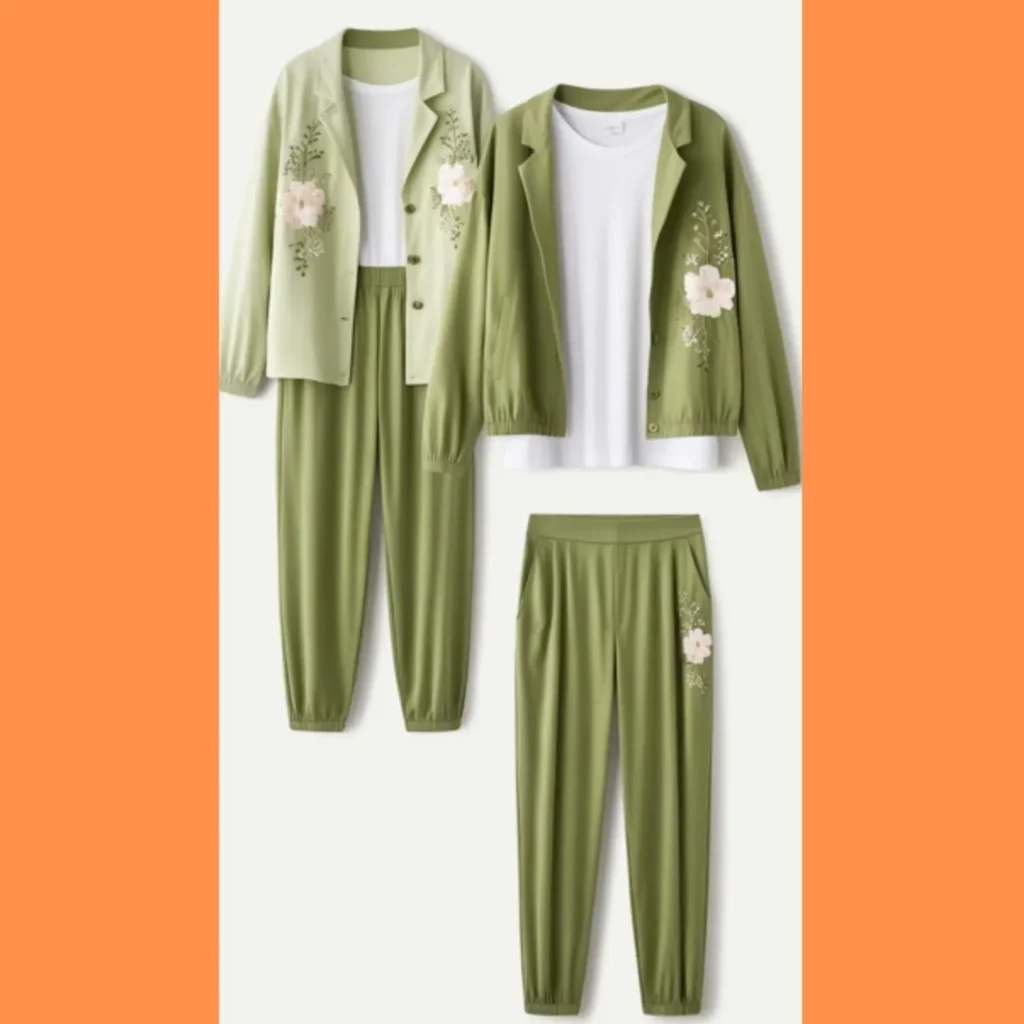 A Korean style casual outfit featuring elements in Dill Green, such as a comfortable pair of pants or a light jacket, perhaps styled with floral accents.