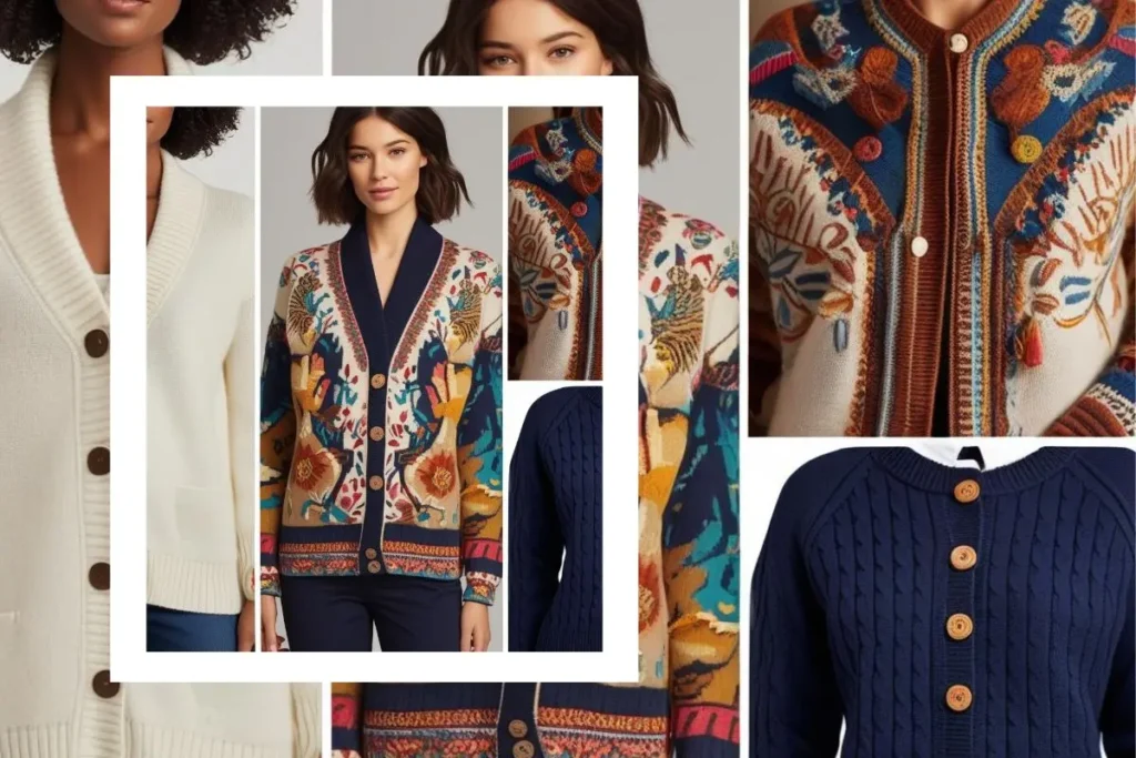 A collage showcasing different cardigan aesthetics, including minimalist, bohemian, and preppy styles.