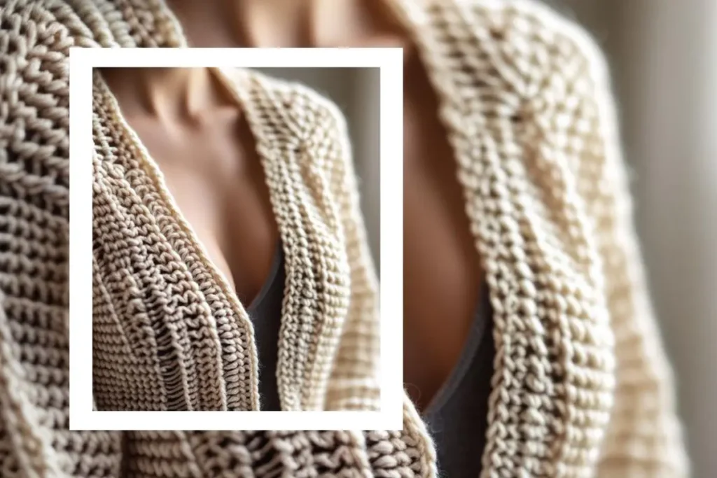 A close-up of a crochet cardigan, highlighting the intricate stitches and texture.