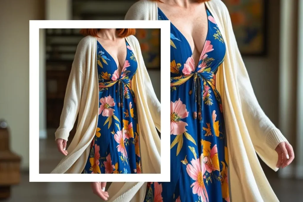 A stunning woman wearing a long, flowy cardigan over a floral maxi dress.