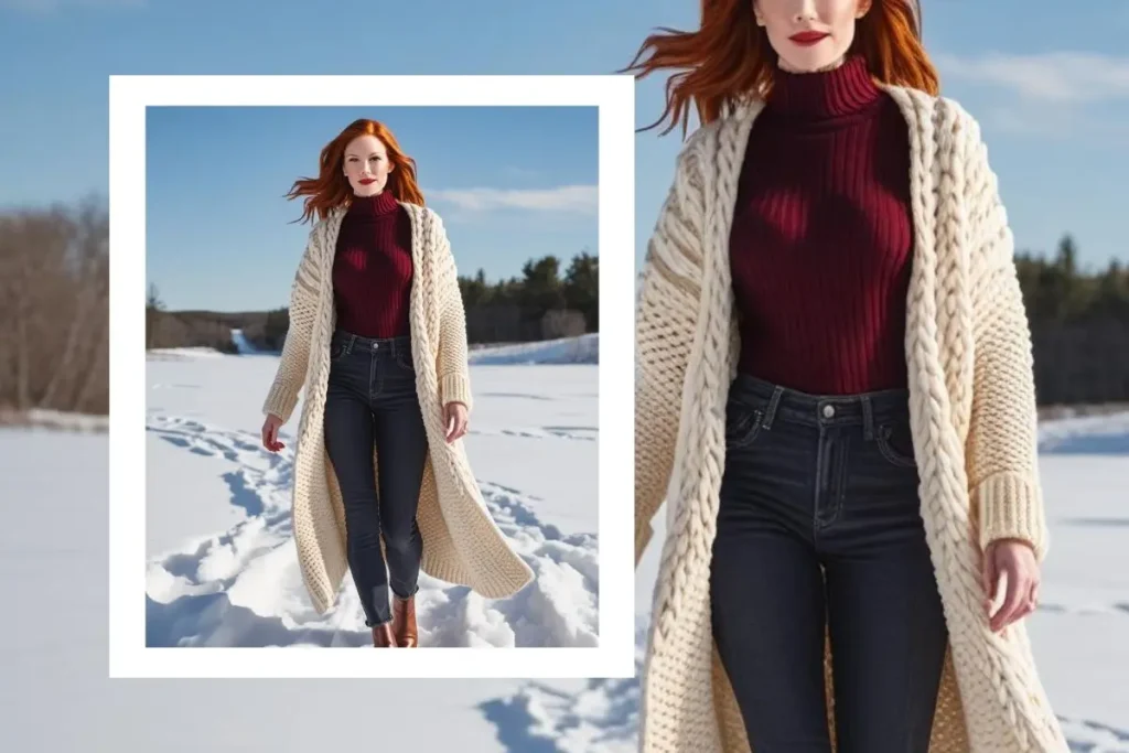A stunning woman wearing a chunky knit cardigan with a turtleneck sweater, jeans, and boots, walking through a snowy landscape.