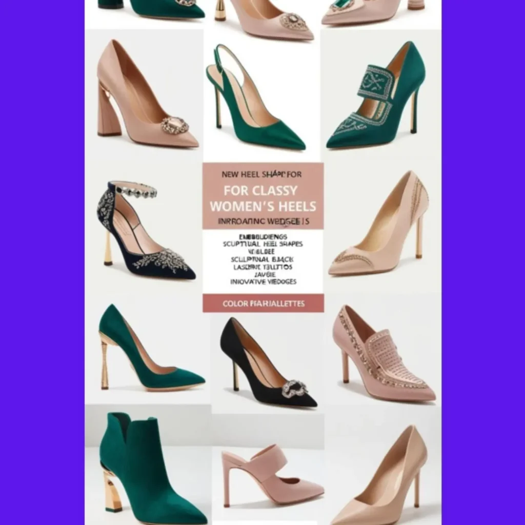 A mood board showcasing emerging trends for classy heels in 2025, possibly including new heel shapes, embellishments, and color palettes.
