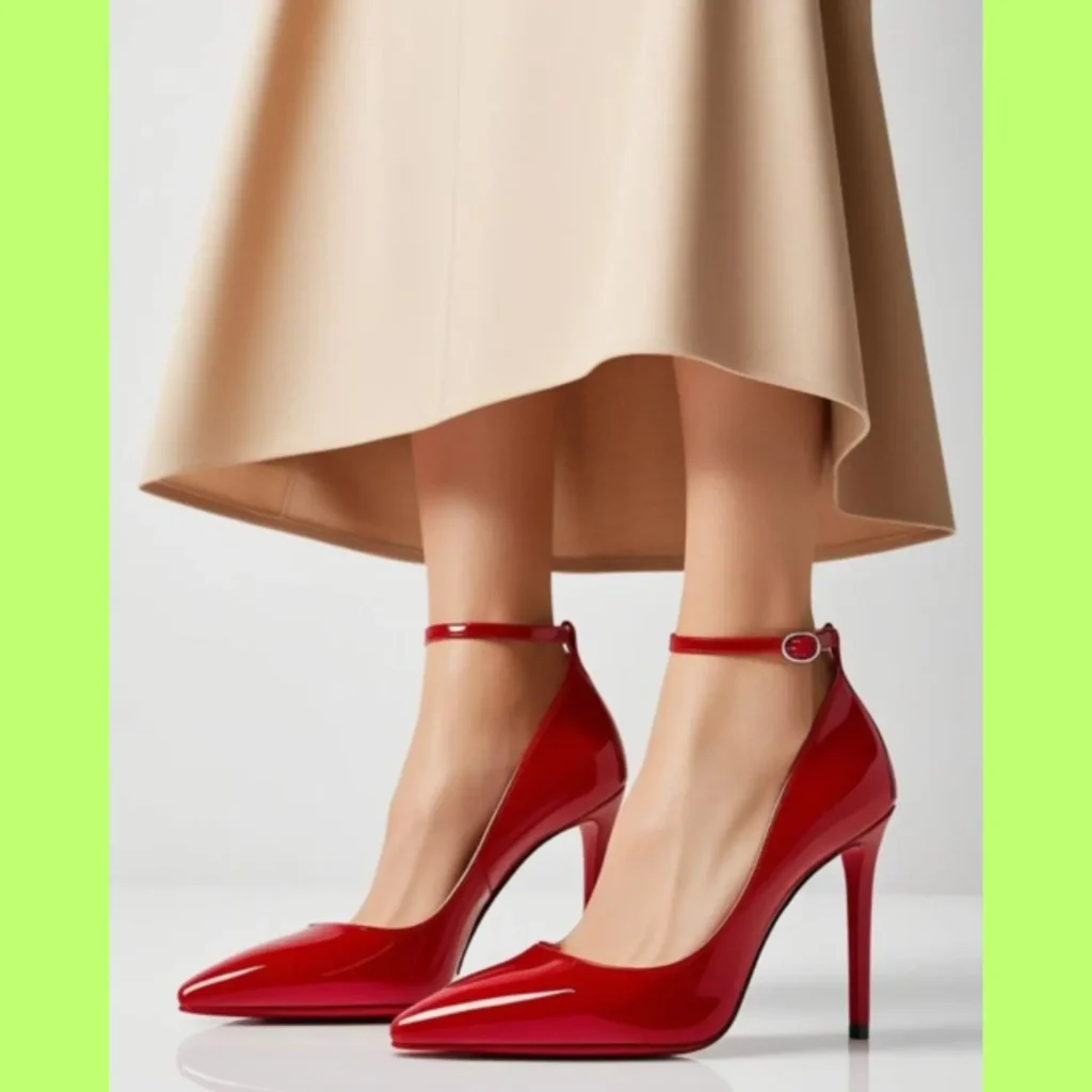 A vibrant pair of red high heels, possibly styled with a neutral-colored outfit to make them pop.
