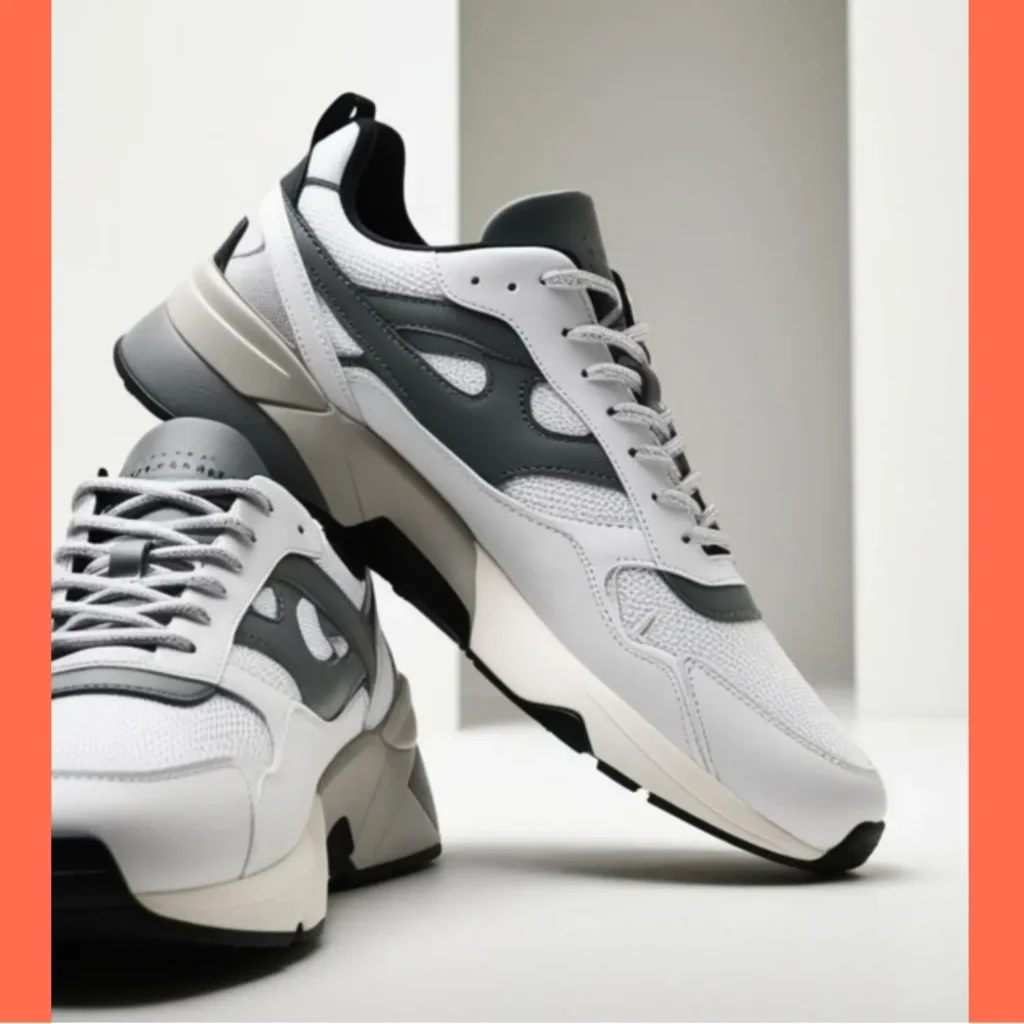 Men's shoes aesthetic sneakers in white and gray with a chunky sole and sleek design, blending comfort and trendiness for sporty or casual streetwear outfits.