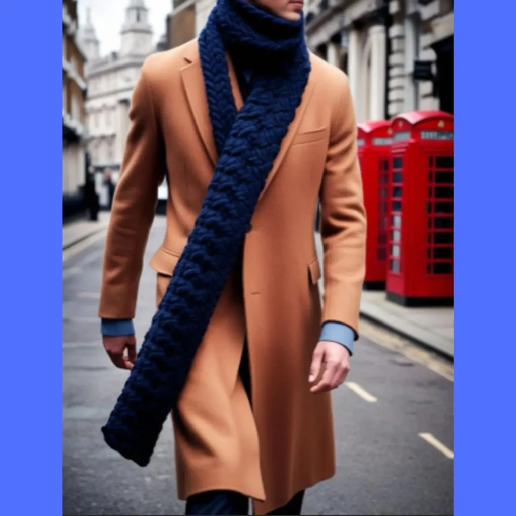 Man wearing a camel overcoat and chunky navy scarf on a city street, showcasing winter-ready Amazon fashion finds men love for layering and style.