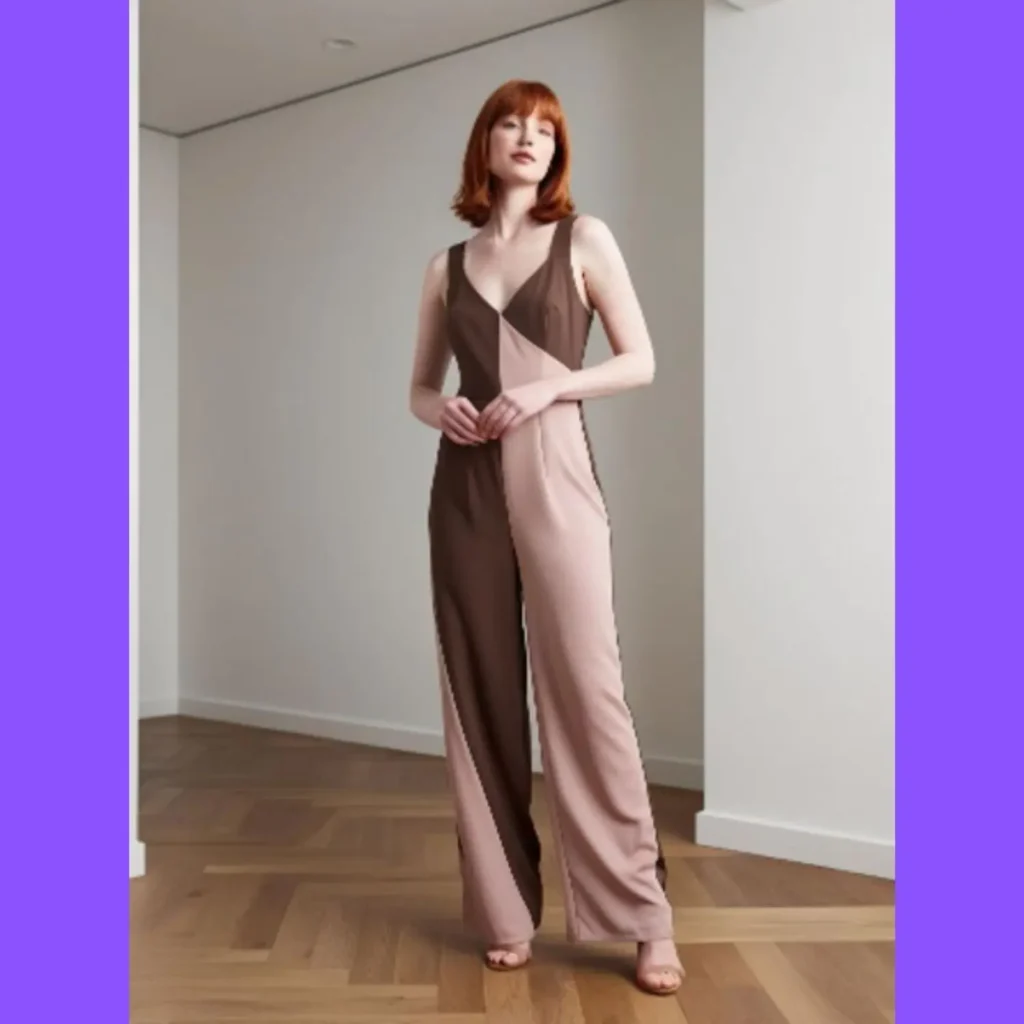 Woman wearing a sleeveless colorblock jumpsuit in neutral tones, standing in a minimalist room, featuring sleek Amazon fashion finds women love for modern style.