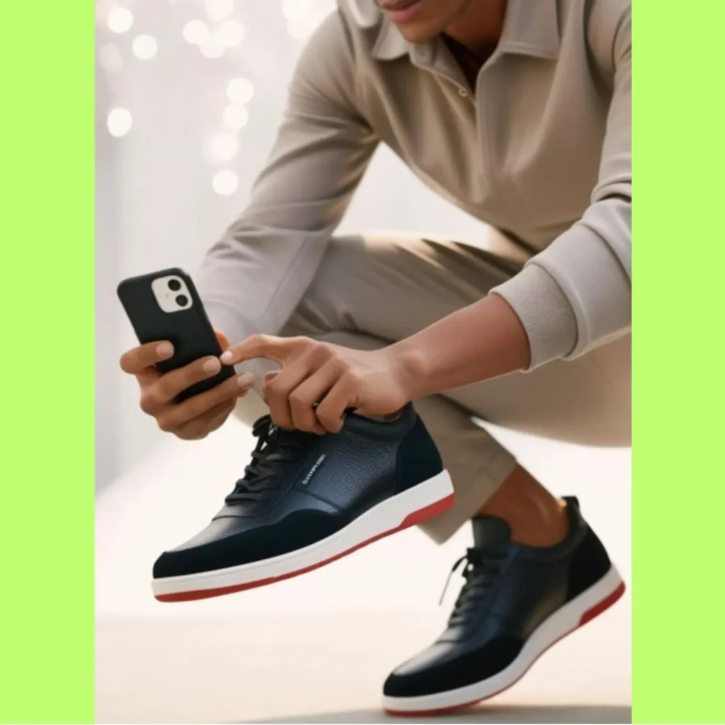 A person taking a photo of their shoes with their phone, showcasing a stylish everyday outfit. Focus on the shoes as the main subject of the snap.