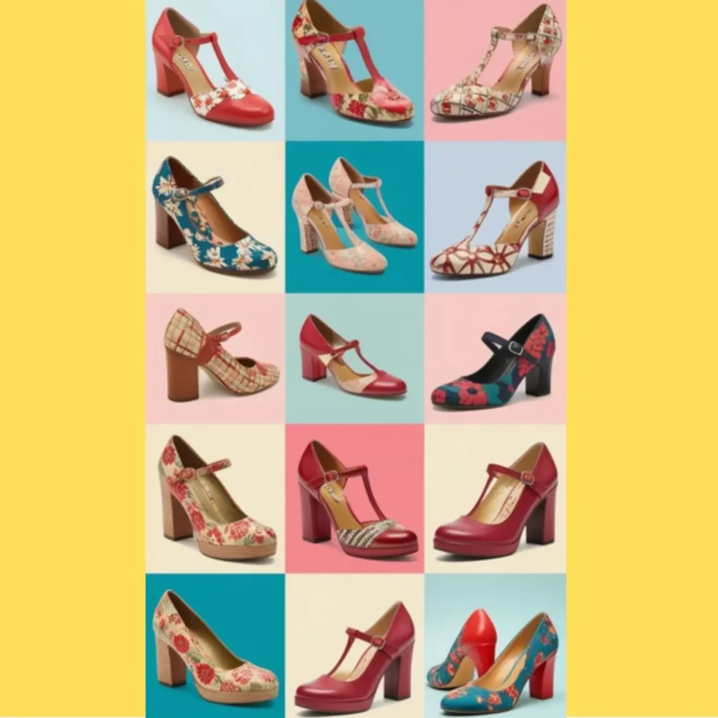 A collage of vintage-inspired shoes aesthetic heels, featuring retro patterns, T-straps, and block heels.
