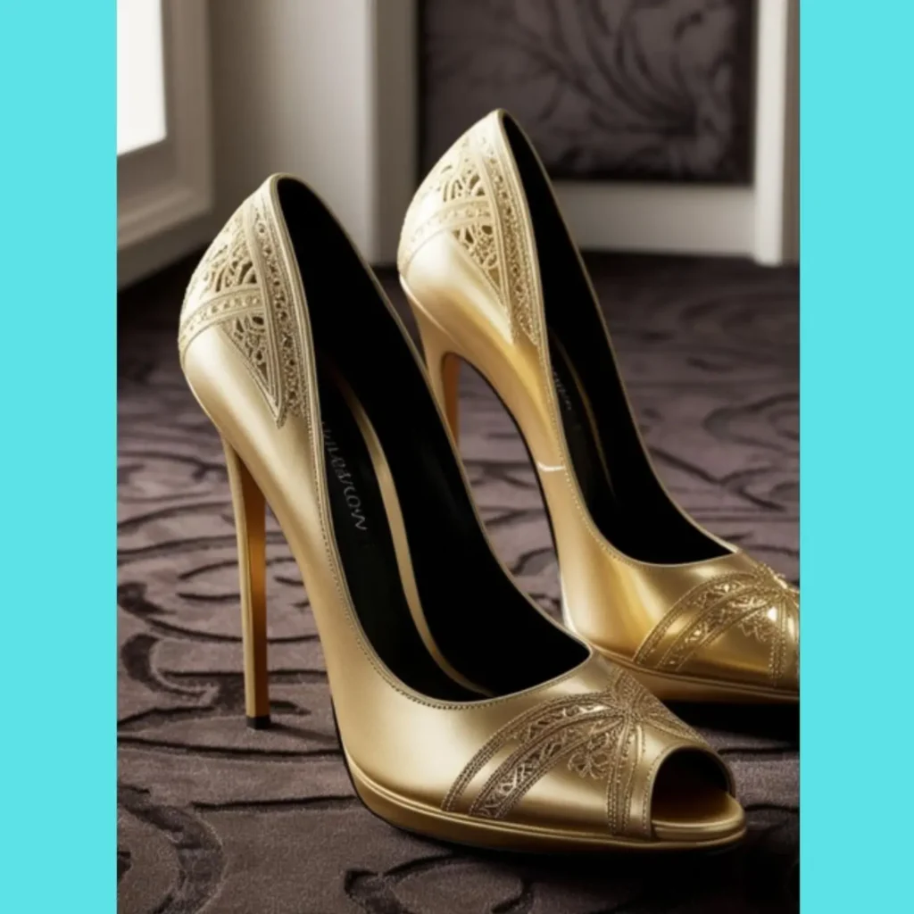 A pair of glamorous gold heels, perhaps with metallic detailing, suitable for an evening occasion.
